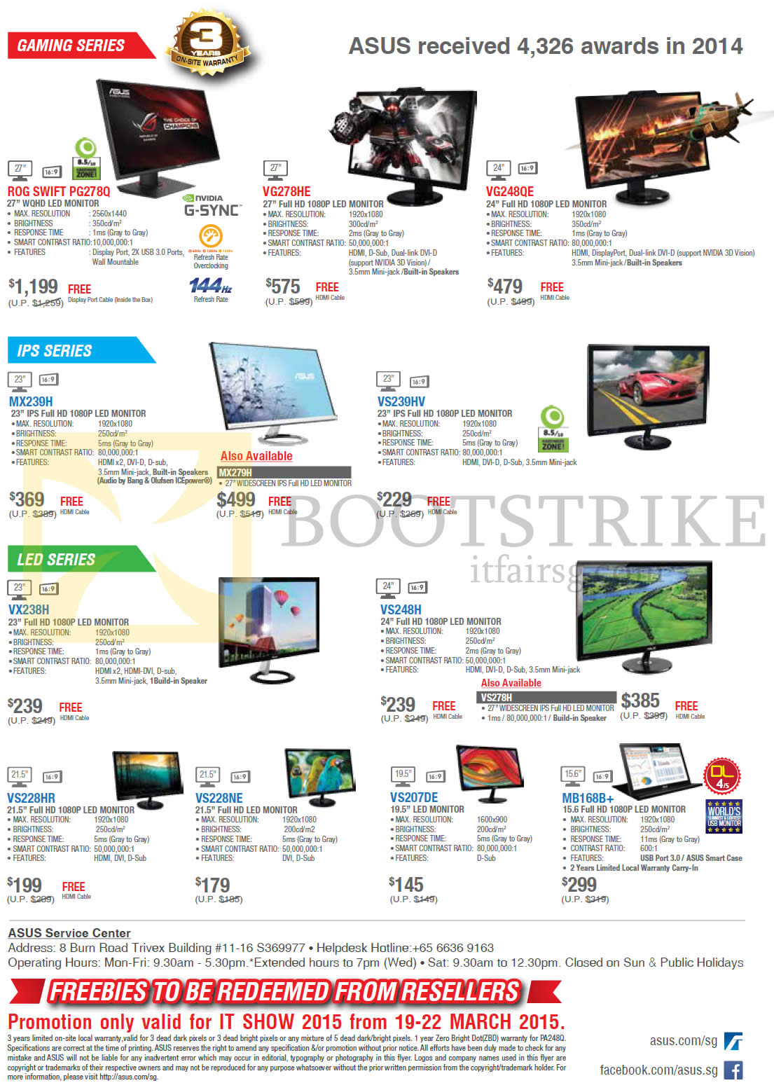 IT SHOW 2015 price list image brochure of ASUS Monitors Gaming Series, IPS, LED, ROG Swift PG278Q, VG278HE, VG248QE, MX239H, VS239HV, VX238H, VS248H, VS228HR, VS228NE, VS207DE, MB168B Plus