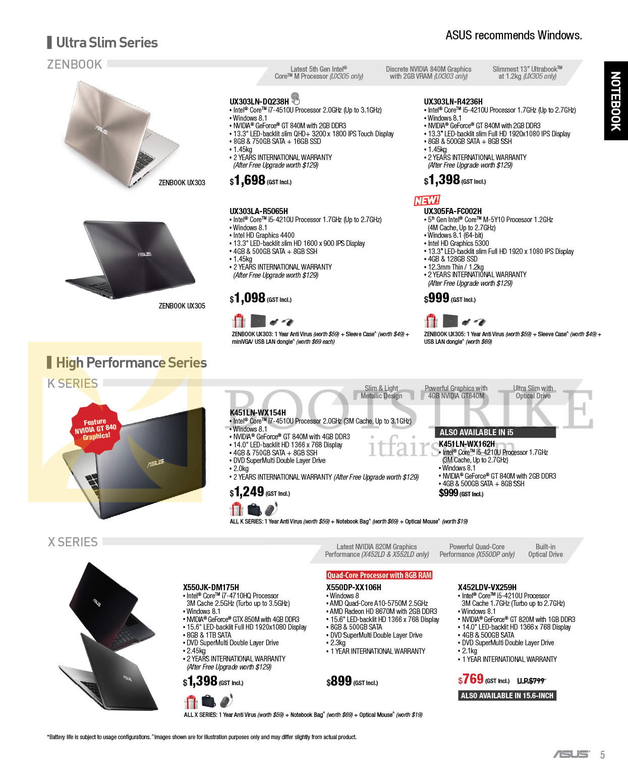 IT SHOW 2015 price list image brochure of ASUS Notebooks Zenbook, K X UX303LN-DQ238H, R4236H, UX303U-R5065H, UX305FA-FC002H, K451LN-WX154H, WX162H, X550JK-DM175H, X550DP-XX106H, X452LDV-VX259H