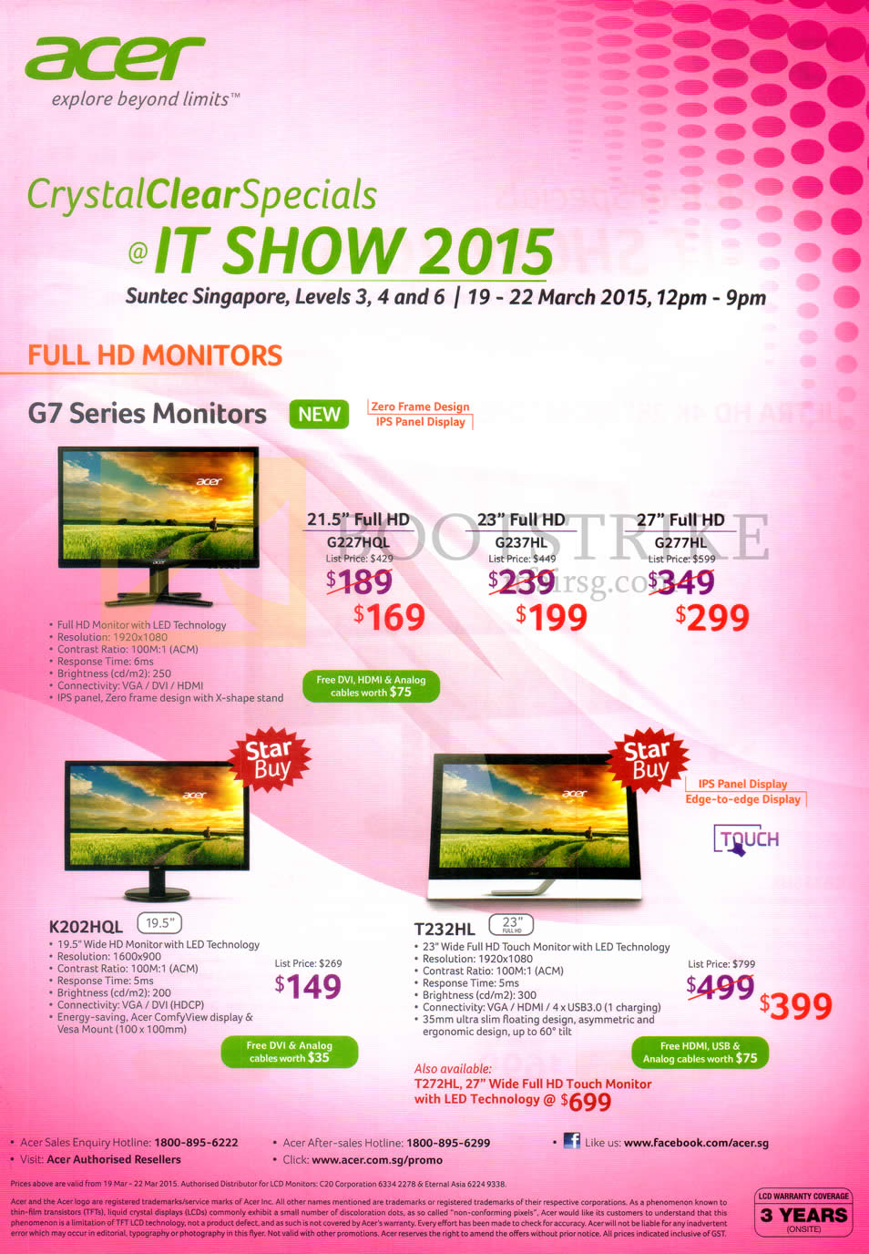 IT SHOW 2015 price list image brochure of Acer Monitors G7 Series, G227HQL, G237HL, G277HL, K202HQL, T232HL