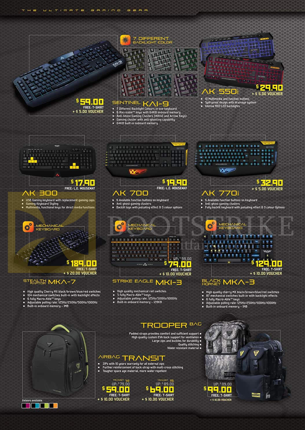 IT SHOW 2015 price list image brochure of Armaggeddon Keyboards, Backpacks, Mechanical Sentinel KAI-9, AK 550i, 300, 700, 770i, Stealth Raptor MKA-7, Strike Eagle MKI-3, Black Hornet MKA-3, Trooper Bag, Airbag Transit