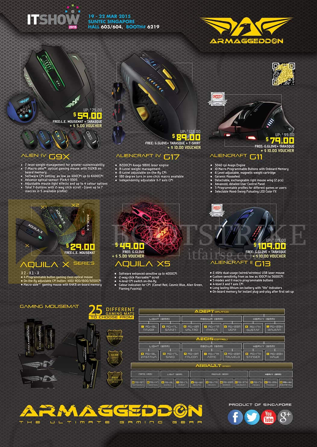 IT SHOW 2015 price list image brochure of Armaggeddon Mouse, Mouse Mats, Alien IV G9X, Aliencraft IV G17, G11, II G13, Aquila X Series, X5