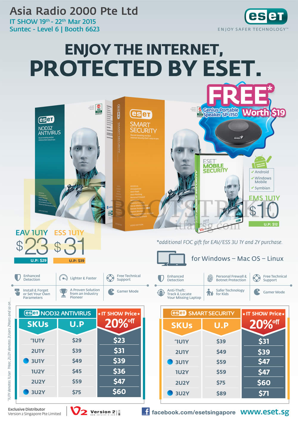 IT SHOW 2015 price list image brochure of Asia Radio ESET Smart Security, Nod32 Antivirus, EAV 1U1Y, ESS 1U1Y, EMS 1U1Y, SKUs 1U1Y, 2U1Y, 3U1Y, 1U2Y, 2U2Y, 3U2Y