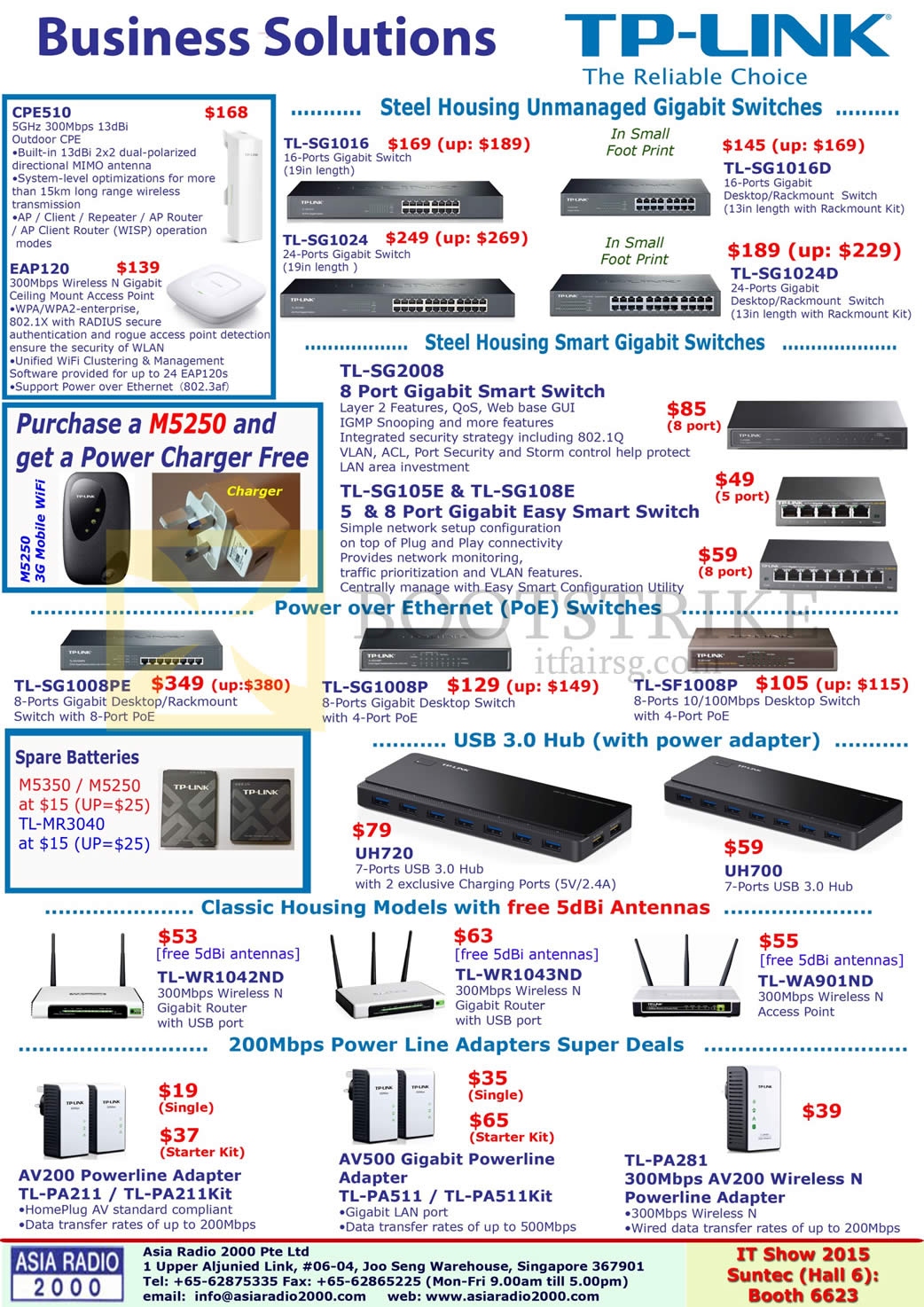 IT SHOW 2015 price list image brochure of Asia Radio TP-Link Networking Business Gigabit Switches, Power Over Ethernet Switches, USB 3.0 Hubs, Classic Housing Models, 200Mbps Powerline Adapters