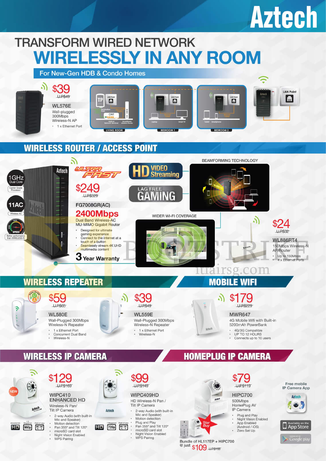 IT SHOW 2015 price list image brochure of Aztech Networking Wireless Router, Repeater, IP Camera, FG7008GR, WL886RT4, WL580E, 559E, MWR647, WIPC410, 409HD, HIPC700