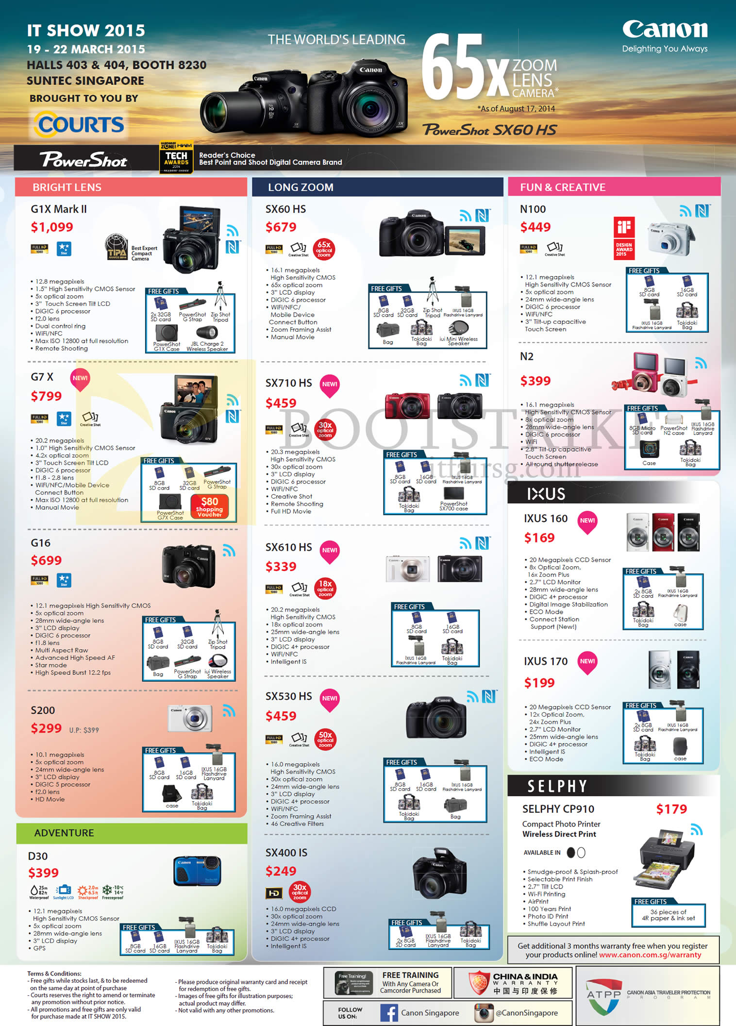 IT SHOW 2015 price list image brochure of Canon Digital Cameras, PowerShot N100, SX60 HS, G1X Mark II, G7 X, SX710 HS, N2, IXUS 160, SX610 HS, G16, S200, SX530 HS, IXUS 170, SELPHY CP910, SX400 IS, D30