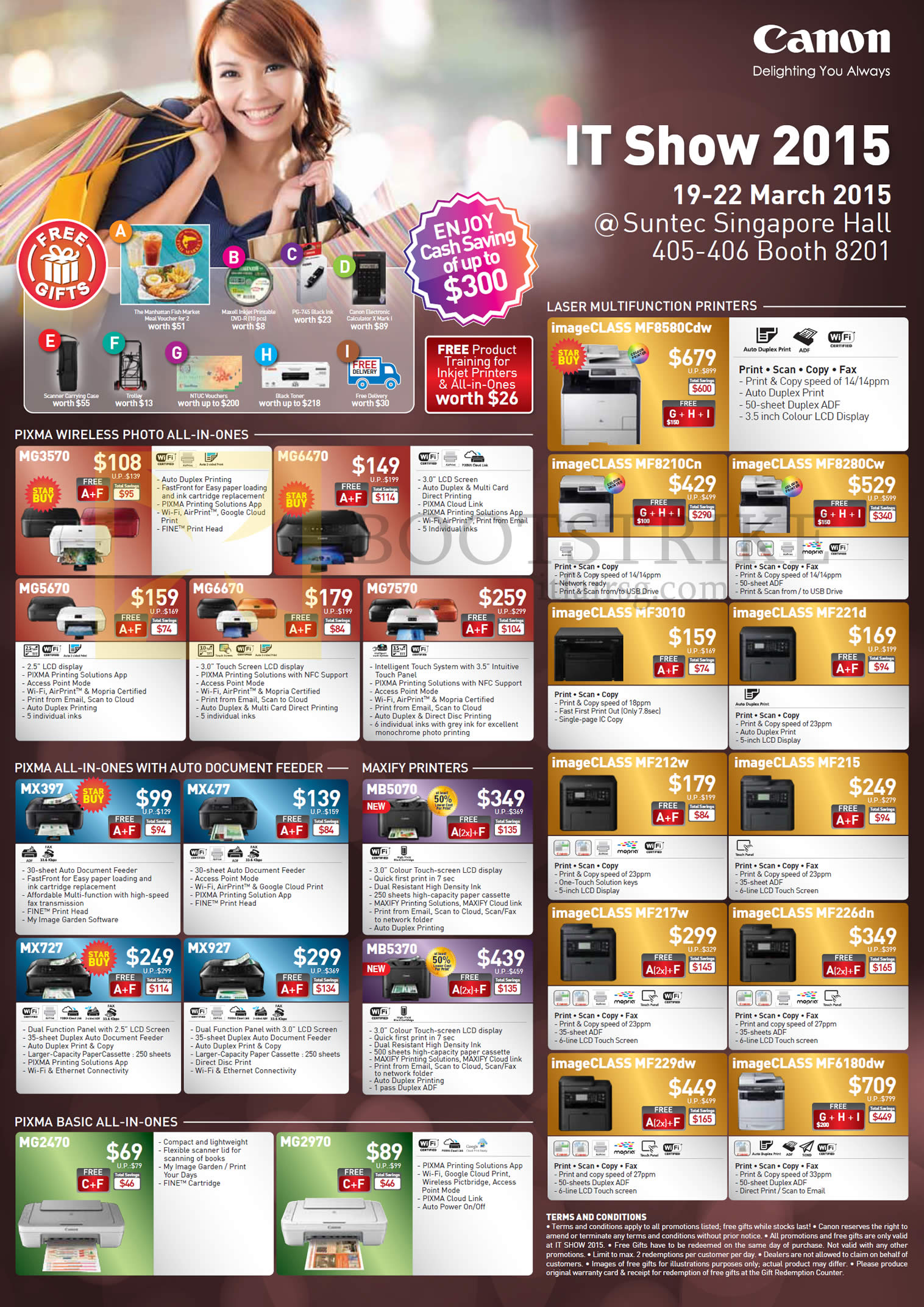 IT SHOW 2015 price list image brochure of Canon Printers Laser LBP6030w 6030 6230dn 7100Cn 7110Cw, Scanners, DR-F120 P208II IB4070, Pixma IP110 100 2870 7270, IX6870 7000 IP8770, PRO-100, Scanners, Lide 120 220 CS9000F