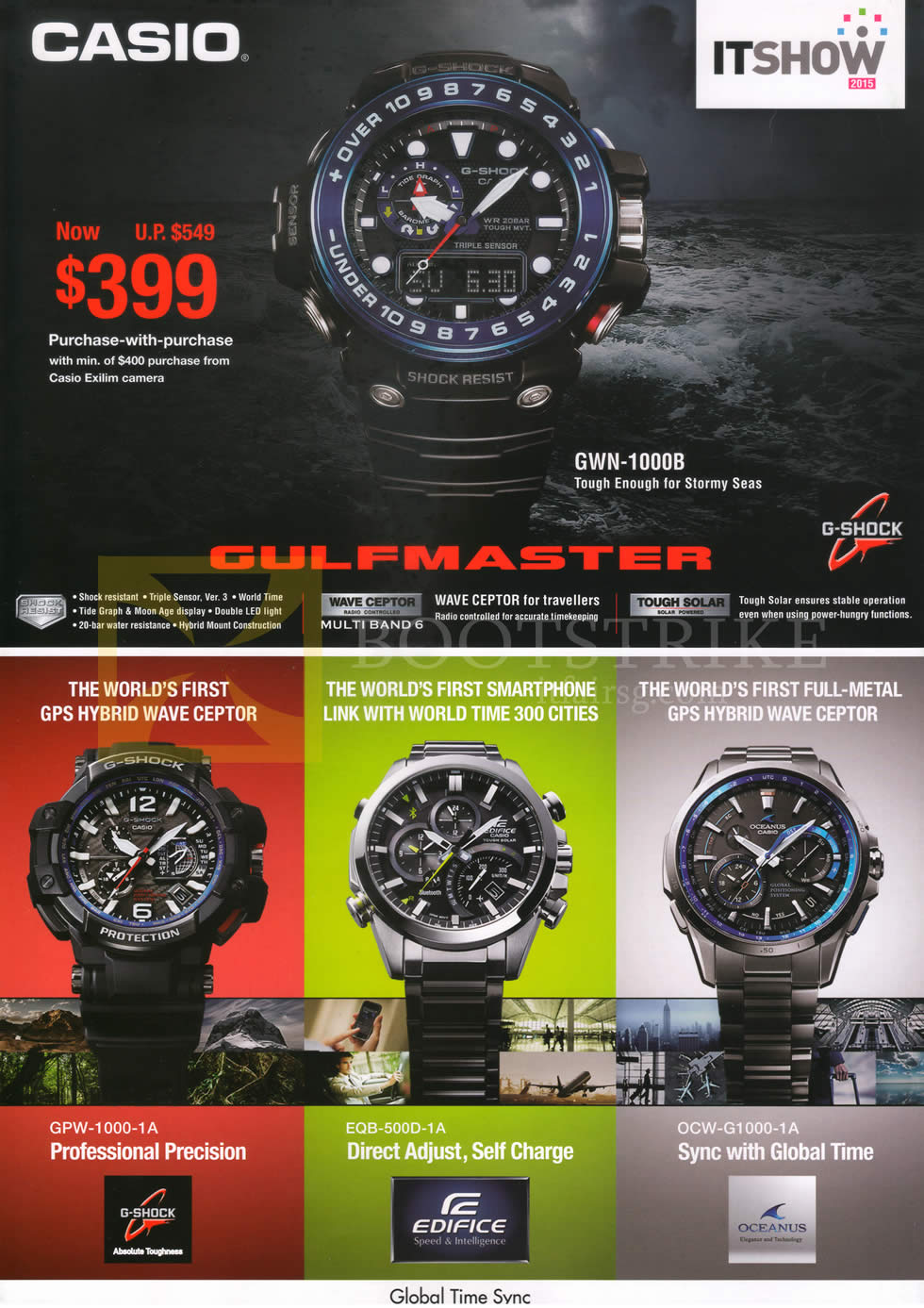 IT SHOW 2015 price list image brochure of Casio Watches G-Shock Gulfmaster GWN-1000B, GPW-1000-1A, EQB-500D-1A, OCW-G1000-1A