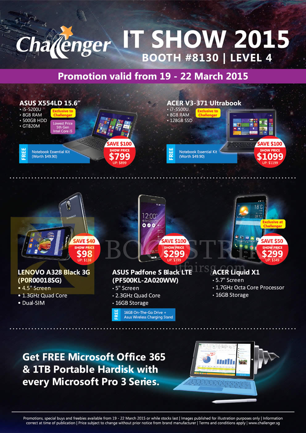 IT SHOW 2015 price list image brochure of Challenger Notebooks, Mobile Phones Asus, Acer, Lenovo, X554LD, Padfone S, V3-371, Liquid X1, A328 Black