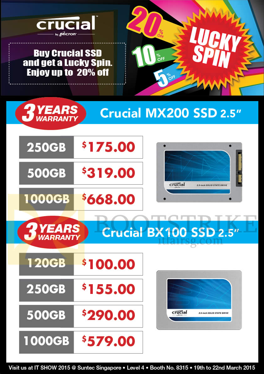 IT SHOW 2015 price list image brochure of Convergent Crucial SSD MX200, BX100, 120GB, 250GB, 500GB, 1TB