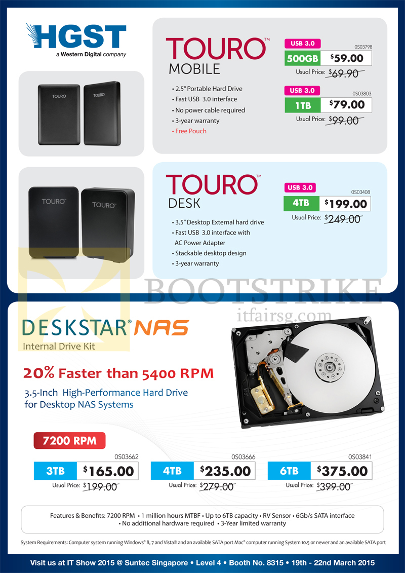 IT SHOW 2015 price list image brochure of Convergent HGST Deskstar NAS Internal Drive Kit, External Storage, Touro Mobile, Desk, Deskstar NAS 500GB, 1TB, 3TB, 4TB, 6TB