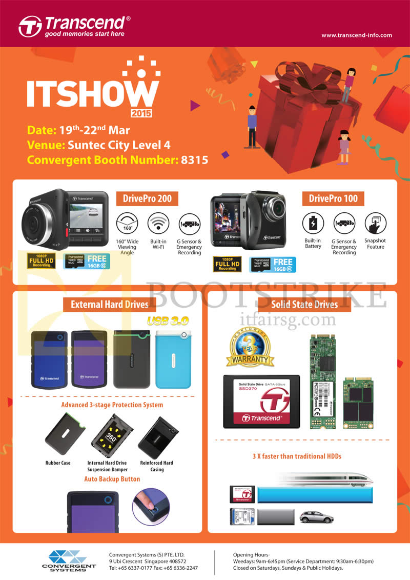 IT SHOW 2015 price list image brochure of Convergent Transcend Car Cameras, External Hard Drives, Solid State Drives SSD