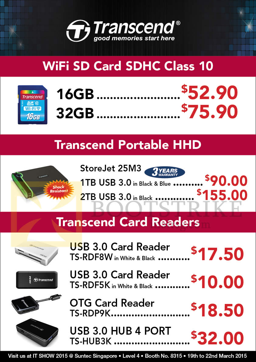 IT SHOW 2015 price list image brochure of Convergent Transcend WiFi Card, Portable HHD, Card Reader 16GB, 32GB, 1TB, 2TB