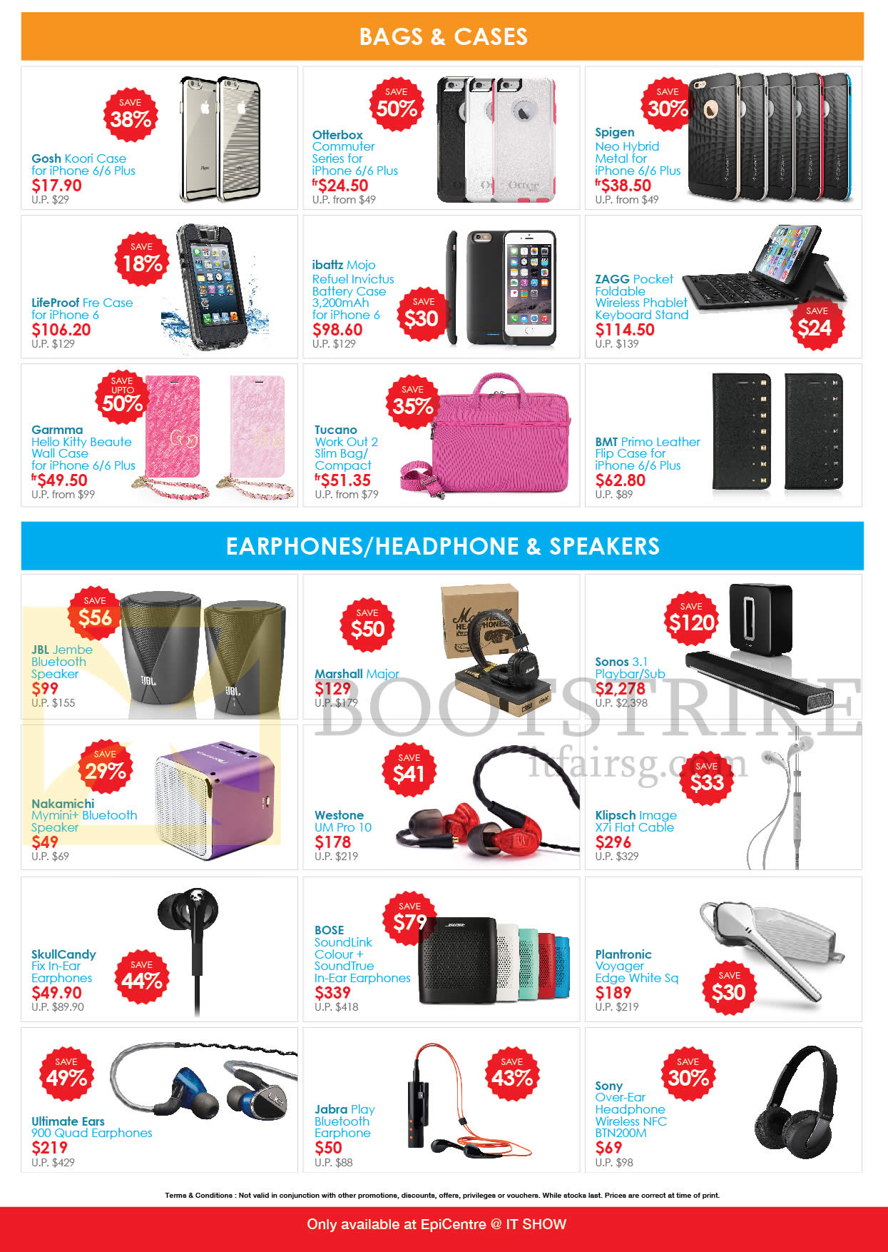 IT SHOW 2015 price list image brochure of EpiCentre Accessories Bags, Cases, Earphones, Headphones, Speakers, Gosh, Zagg, Tucano, Lifeproof, Garmma, JBL, Marshall, Sonos, Bose, Klipsch, Westone, Sony, Ultimate Ears