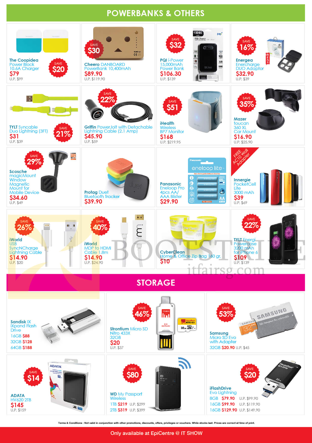 IT SHOW 2015 price list image brochure of EpiCentre Accessories Power Banks, Storage, Bluetooth Tracker, Flash Drives, PQI, Energea, Tylt, Griffin, IHealth, Mazer, Innergie, Protag, IWorld, Sandisk, Strantium, Samsung, WD