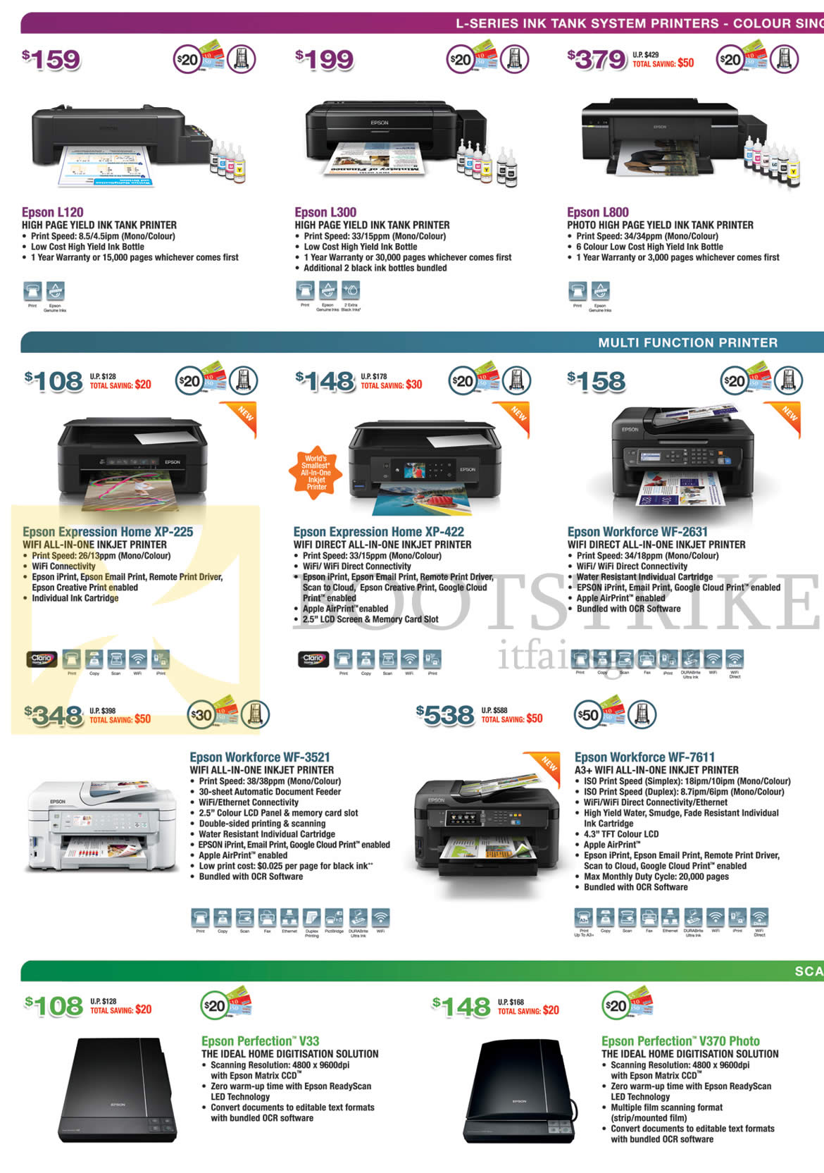 IT SHOW 2015 price list image brochure of Epson Printers Inkjet, Scanners, L120, L300, L800, Expression Home XP-225, XP-422, Workforce WF-2631, WF-3521, WF-7611, Perfection V33, V370 Photo