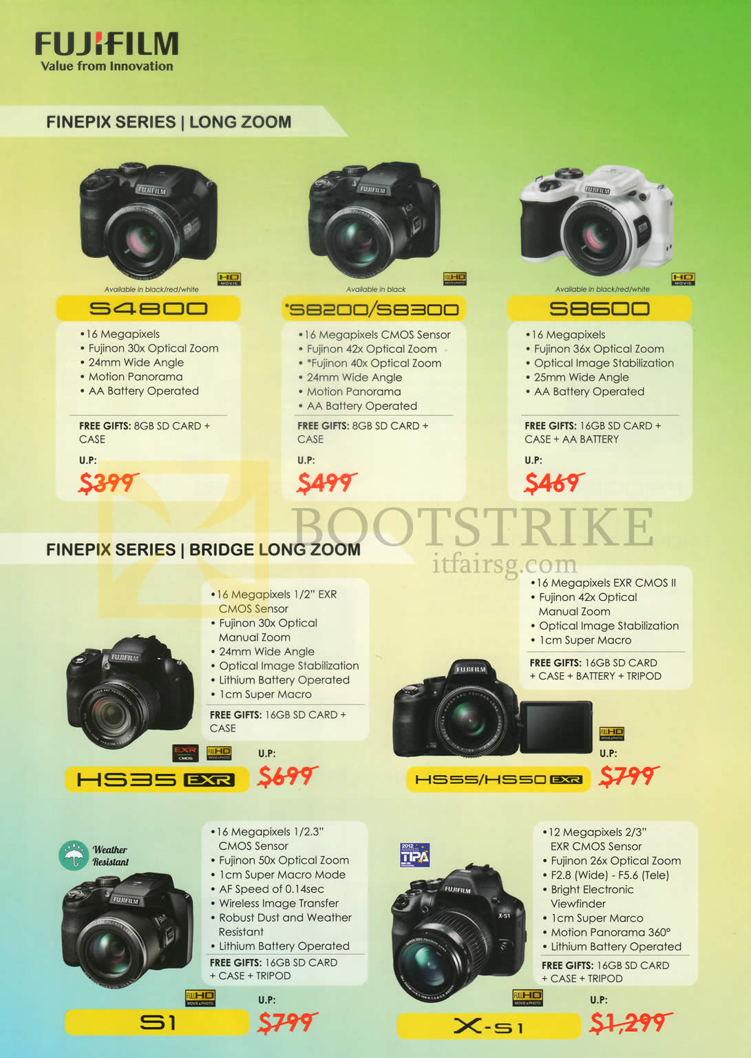 IT SHOW 2015 price list image brochure of Fujifilm (No Prices) Digital Cameras Finepix S4800, S8200, S8300, HS35, HS55, HS50, S1, X-S1