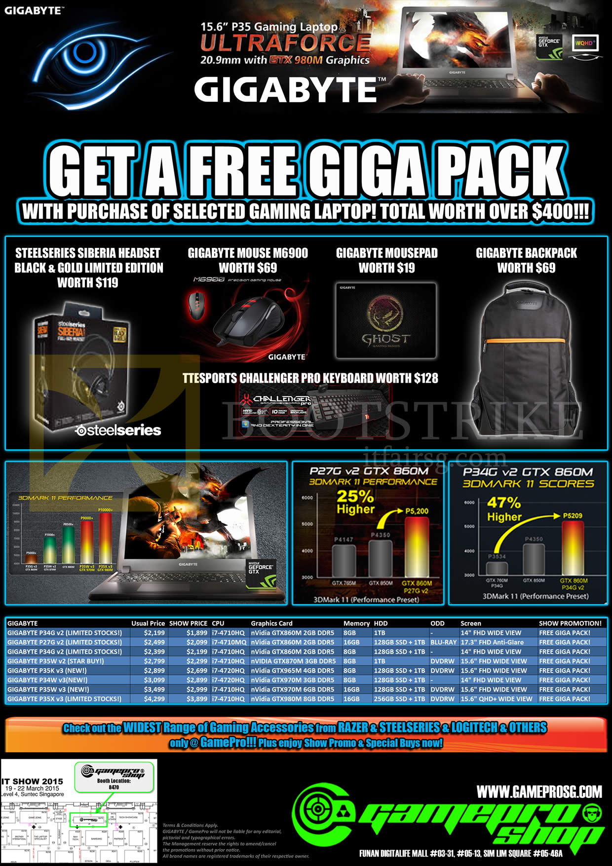 IT SHOW 2015 price list image brochure of GamePro Gigabyte Notebooks P34G V2, P27G V2, P34G V2, P35W V2, P35K V3, P34W V3, P35W V3, P35X V3