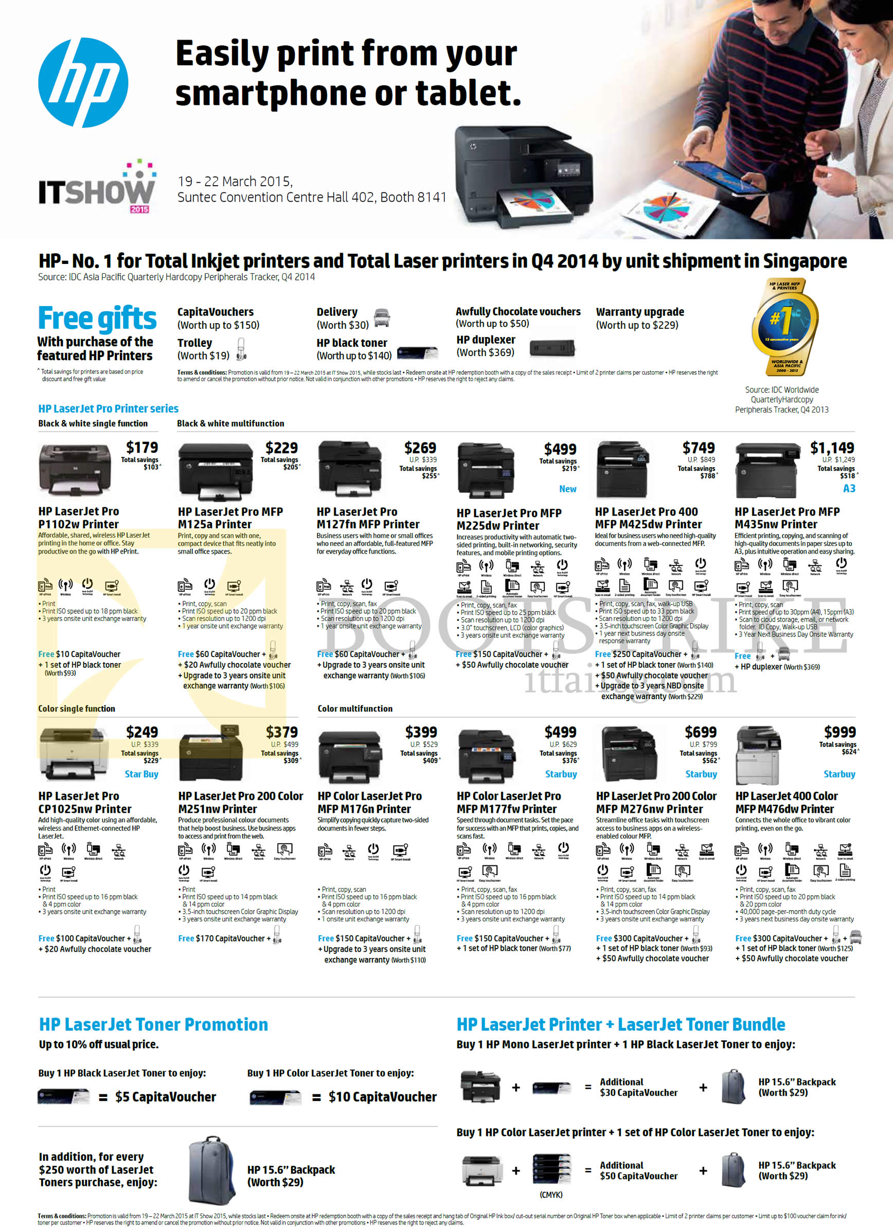 IT SHOW 2015 price list image brochure of HP Printers LaserJet Pro P1102W, M125a, M127fn, M225dw, M425dw, M435nw, CP1025nw, M251nw, M176n, M177fw, M276nw, M476dw