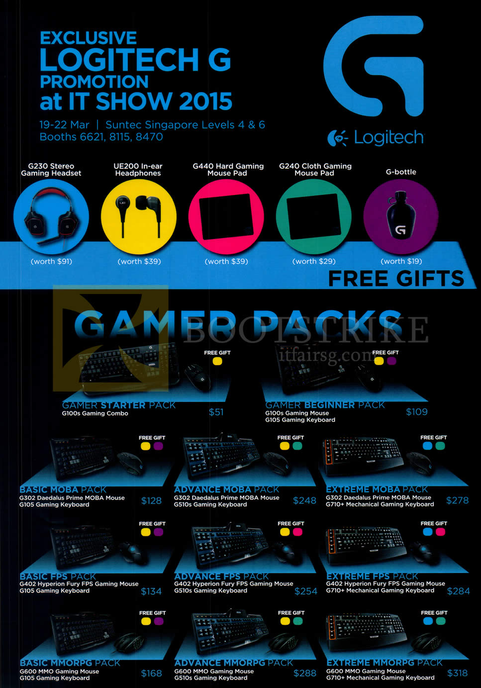 IT SHOW 2015 price list image brochure of Logitech Gaming Packs Keyboard, Mouse Pack Gamer Starter, Beginner, Basic, Advamce, Extreme Moba, FPS, MMORPG