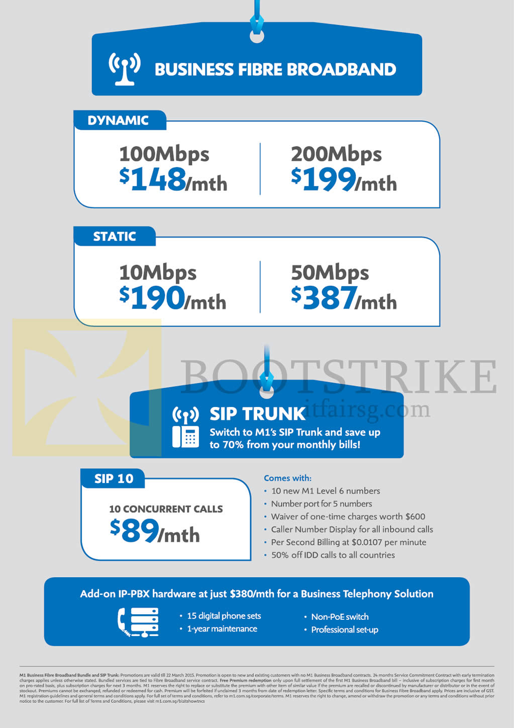 IT SHOW 2015 price list image brochure of M1 Business Fibre Broadband Dynamic, Static, Sip 10, 10, 50, 100, 200Mbps, 10 Concurrent Calls