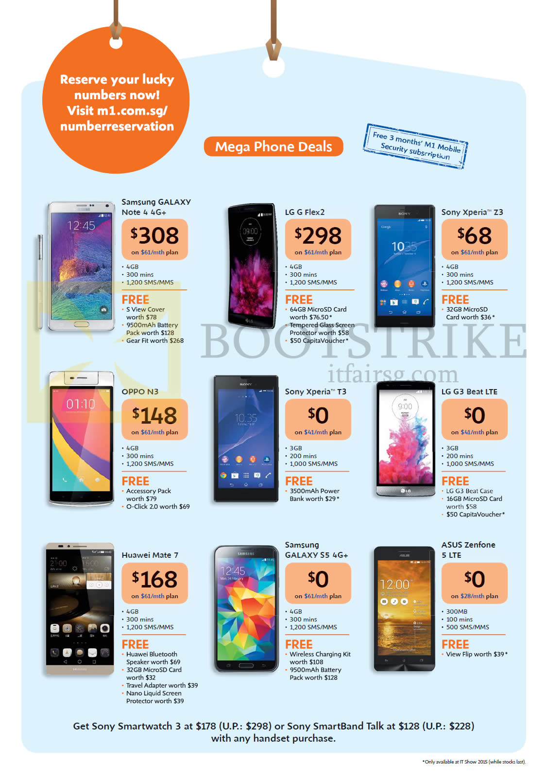 IT SHOW 2015 price list image brochure of M1 Mobile Phone Samsung Galaxy Note 4, S5, LG G Flex2, G3 Beat, Sony Xperia Z3, T3, Oppo N3, Huawei Mate 7, Asus Zenfone 5