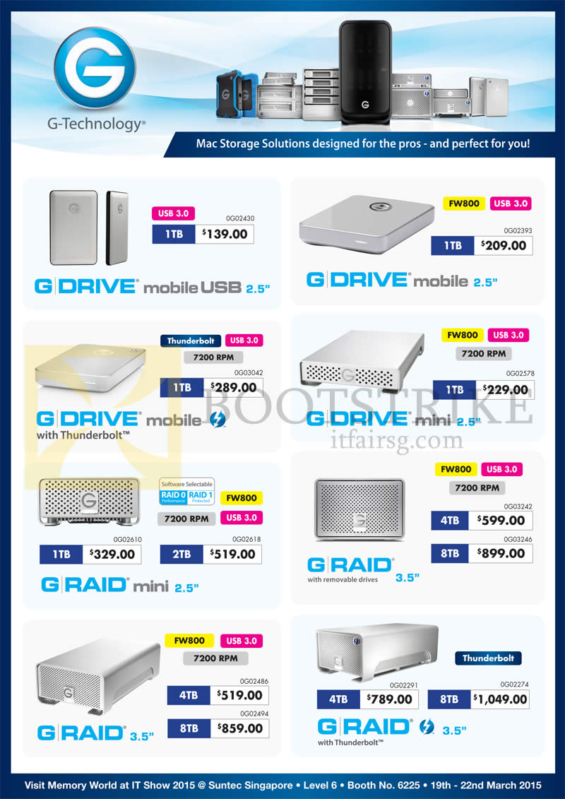 IT SHOW 2015 price list image brochure of Memory World HGST G-Technology Mac External Storage G Drive Mobile USB 2.5, Mini 2.5, Raid 3.5 1TB 2TB 4TB 8TB