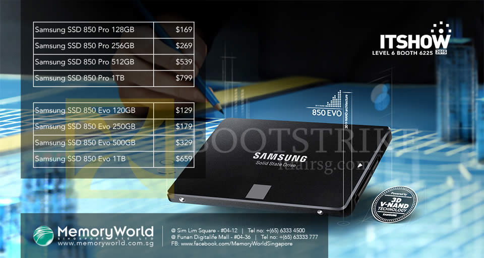 IT SHOW 2015 price list image brochure of Memory World Samsung SSD 850 Pro, Evo 128GB 256GB 512GB 1TB 120GB 250GB 500GB