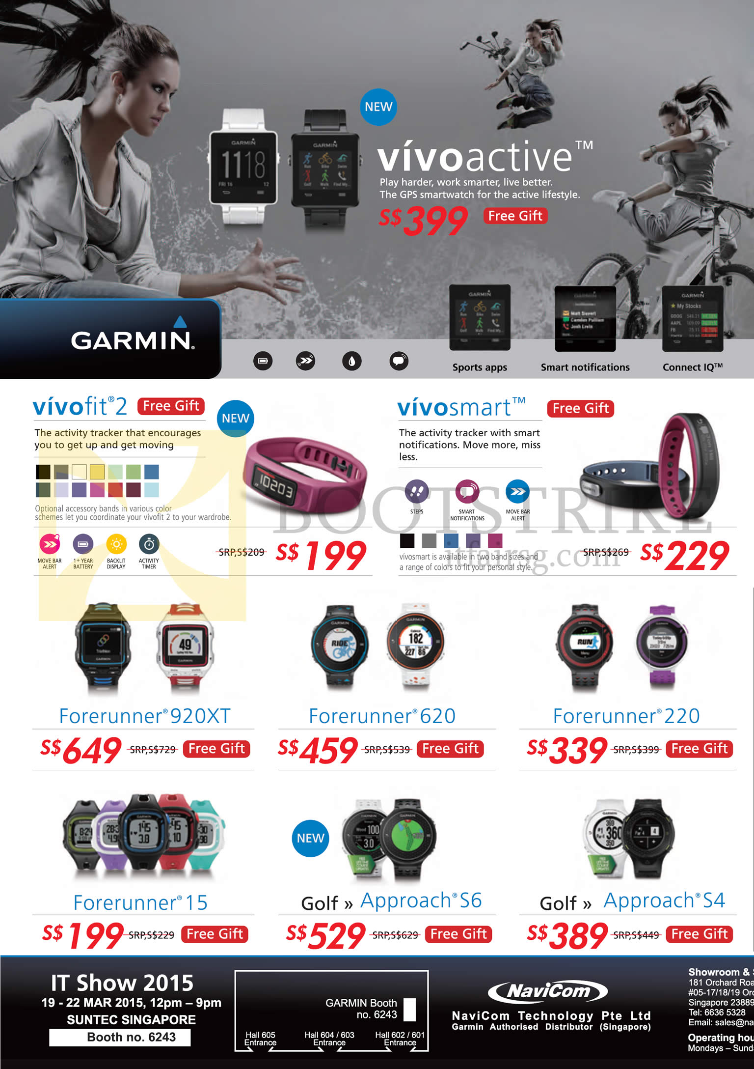 IT SHOW 2015 price list image brochure of Navicom Garmin Fitmess Bands GPS Watches Vivofit 2, Vivosmart, Forerunner 920XT, 620, 220, 15, Golf Approach S6, S4