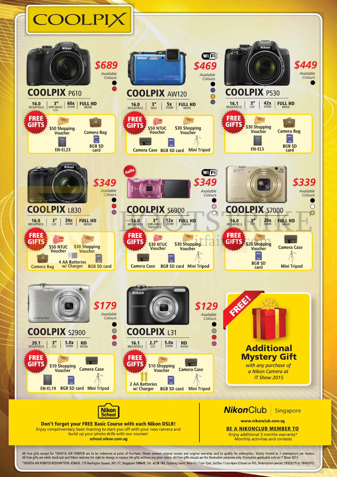 IT SHOW 2015 price list image brochure of Nikon Digital Cameras Coolpix P610, AW120, P530, L830, S6900, S7000, S2900, L31, Mystery Gift