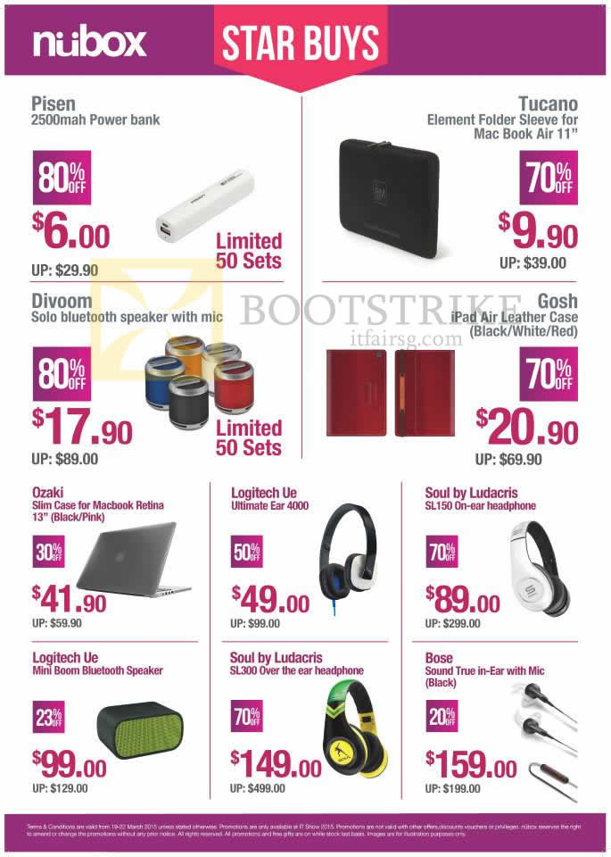 IT SHOW 2015 price list image brochure of Nubox Accessories Pisen Power Bank, Tucano Sleeve, Divoom, Logitech, Soul, Bose, Ozaki