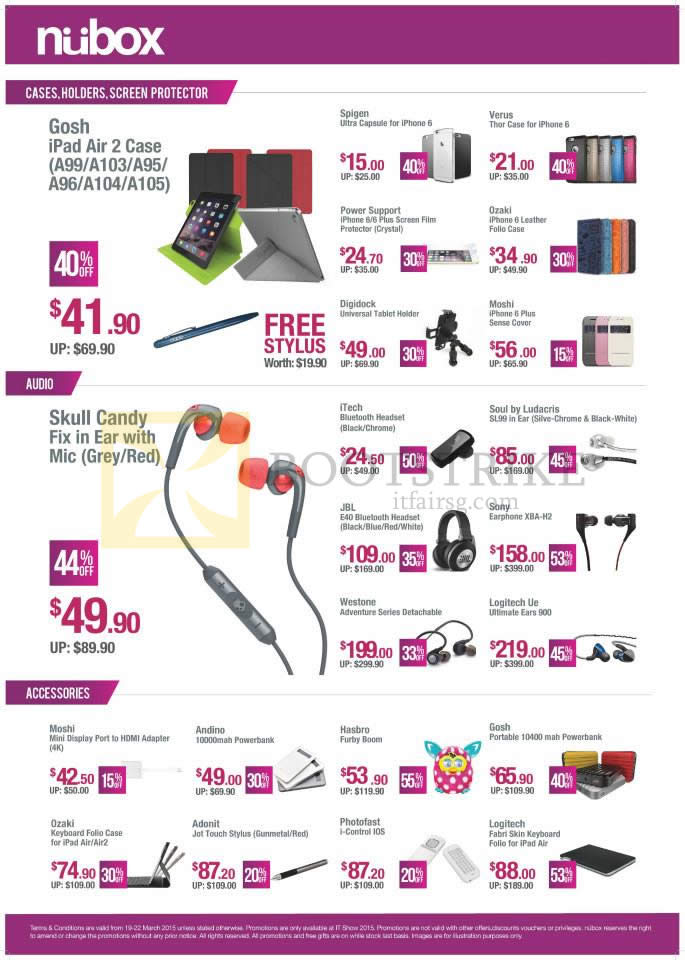 IT SHOW 2015 price list image brochure of Nubox Cases, Holders, Screen Protector, Audio Gosh, Skull Candy, Case, Moshi, ITech Soul, Sony, JBL, Logitech UE, Andino