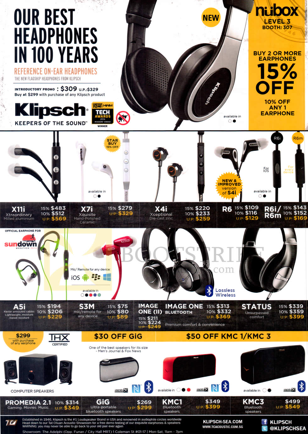 IT SHOW 2015 price list image brochure of Nubox Klipsch Earphones, Headphones, Speakers, X11i, X7i, X4i, R6, R6i, R6m, A5i, S3M, Image One II, Bluetooth, Status, Promedia 2.1, Gig, KMC1, KMC3