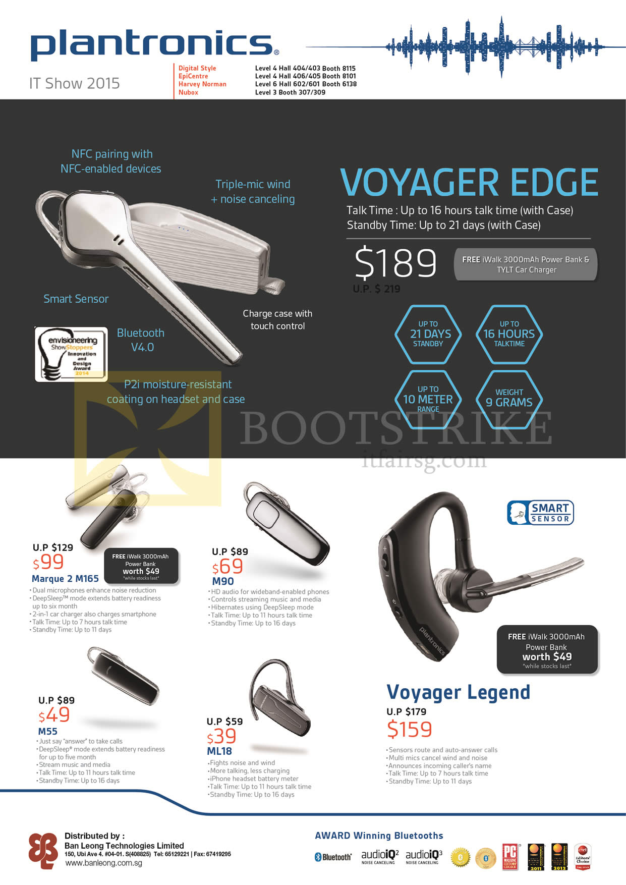 IT SHOW 2015 price list image brochure of Plantronics Bluetooth Headsets Voyager Edge, Marque 2 M165, M90. M55, ML18, Voyager Legend