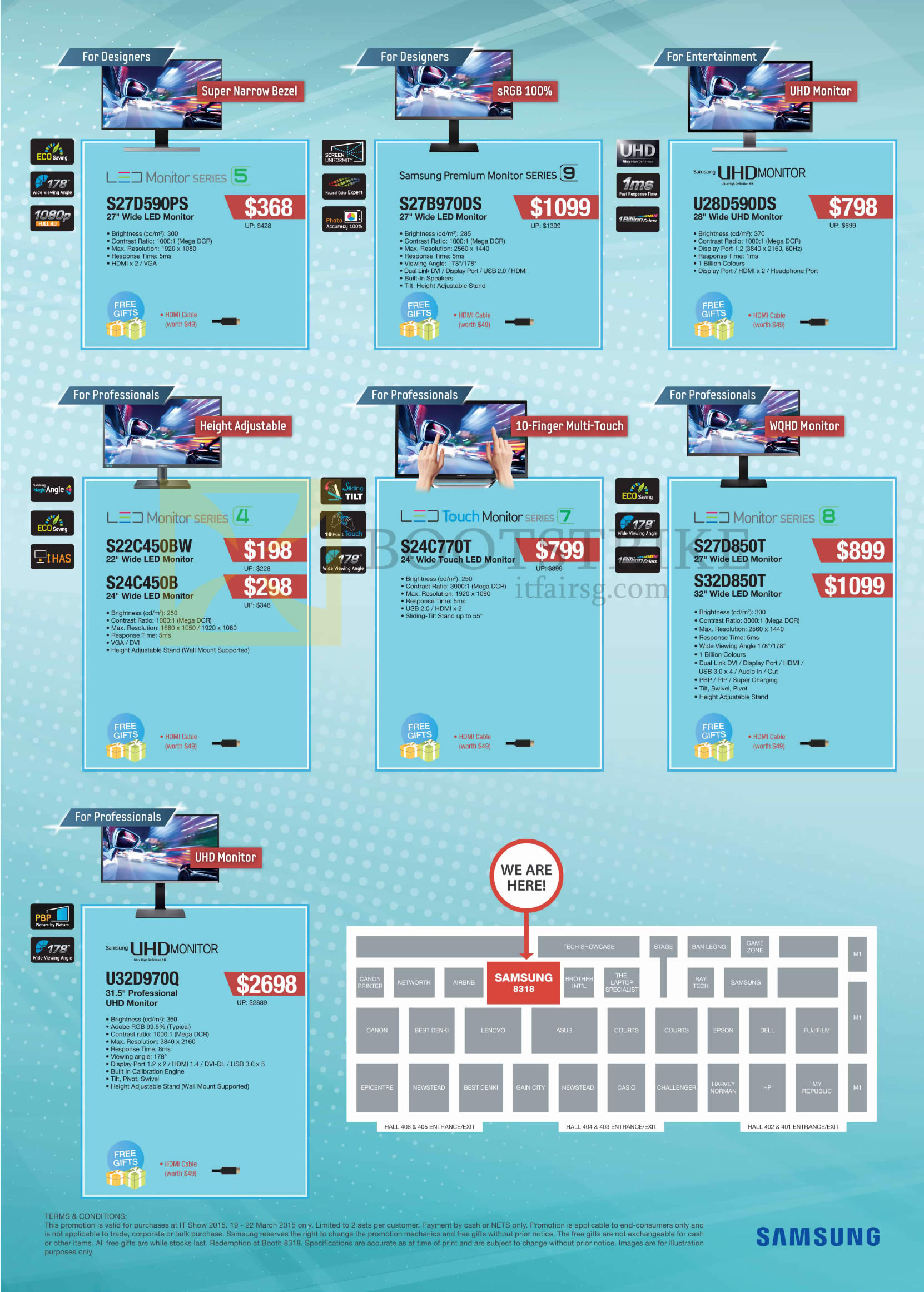 IT SHOW 2015 price list image brochure of Samsung Monitors LED UHD S27D590PS, S27B970DS, U28D590DS, S22C450BW, S24C450B, S24C770T, S27D850T, S32D850T, U32D970Q