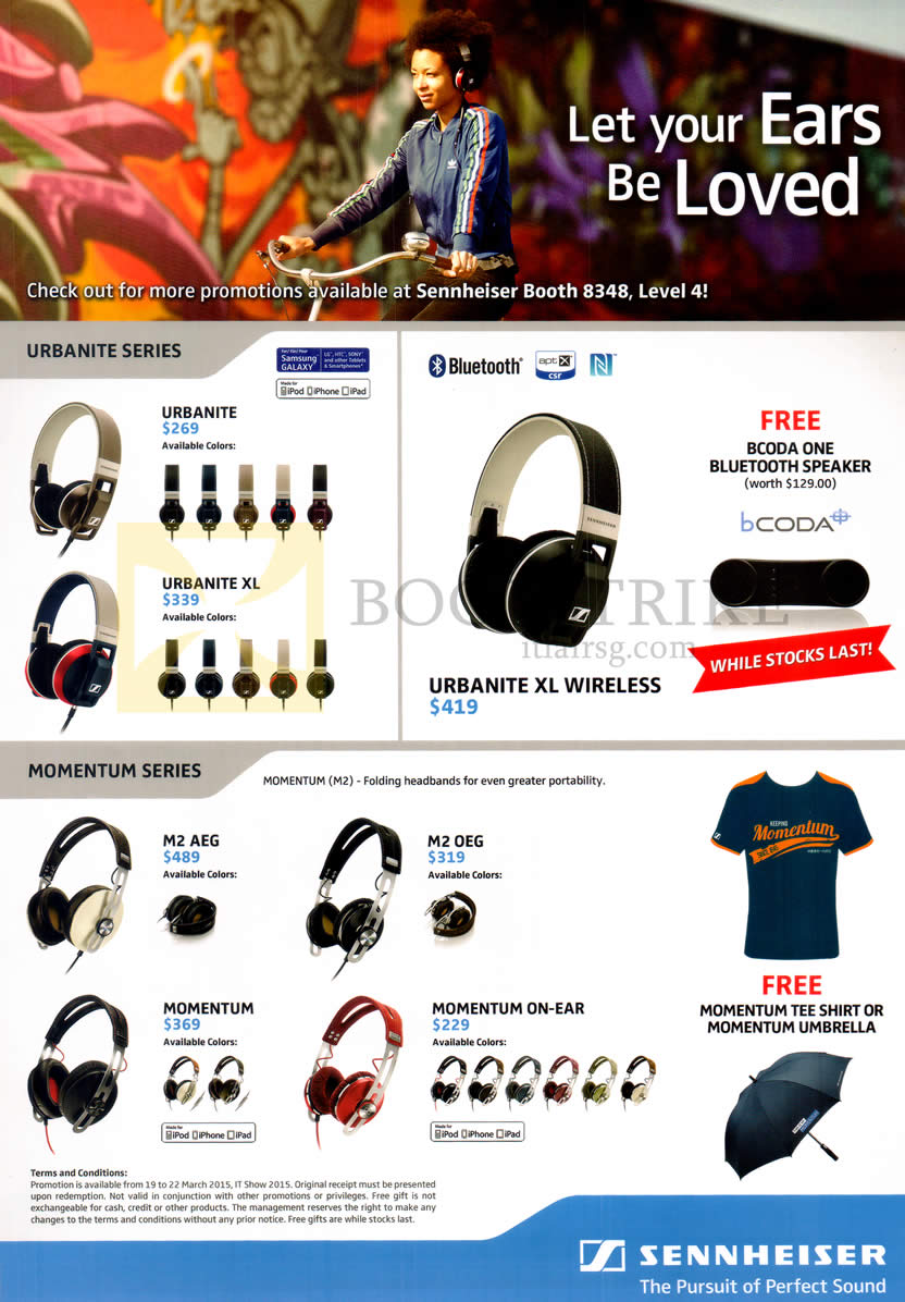 IT SHOW 2015 price list image brochure of Sennheiser Headphones Urbanite, XL, XL Wireless, Momentum, ON Ear, M2 AEG, ME OEG