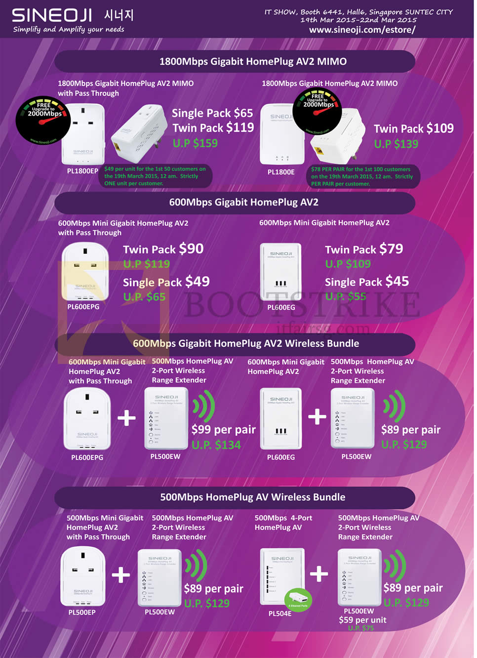 IT SHOW 2015 price list image brochure of Sineoji Networking Homeplugs AV2 Mimi Gigabit Wireless Bundles, Range Extender PL1800EP, PL1800E, PL600EPG, PL600EG