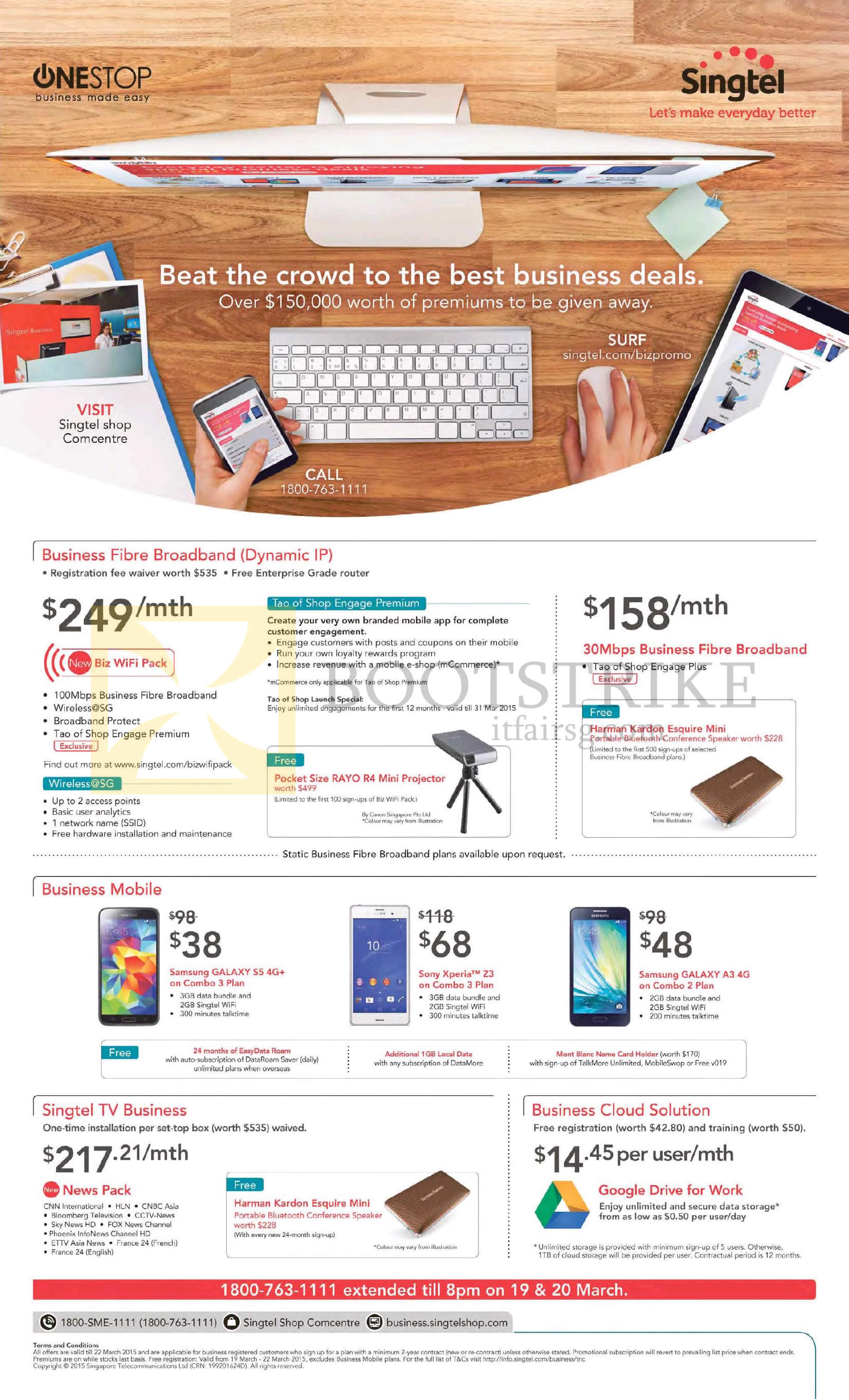 IT SHOW 2015 price list image brochure of Singtel Business Fibre Broadband Dynamic IP, Business TV, Cloud Solution, Mobile Phones, Samsung Galaxy S5, A3, Sony Xperia Z3