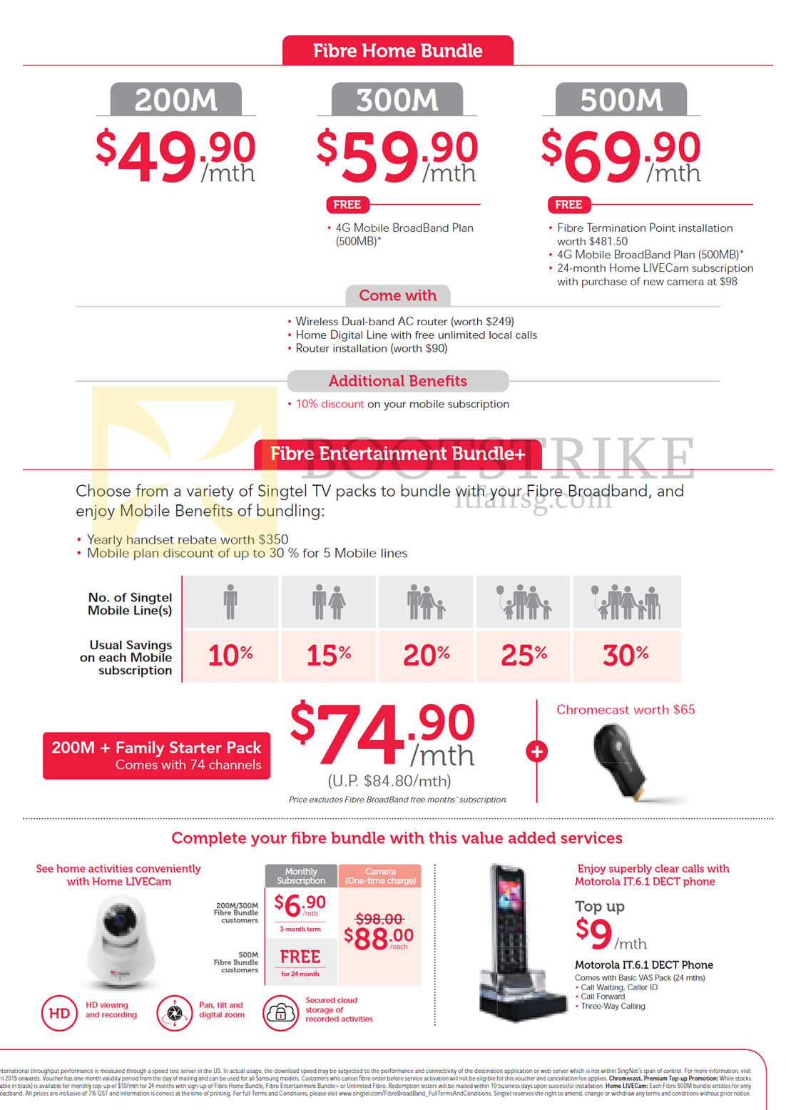 IT SHOW 2015 price list image brochure of Singtel Fibre Home Bundle, 200M, 300M, 500M, Fibre Entertainment Bundle, 200M Family Starter Pack, Chromecast, Home LIVECam, Motorola IT.6.1 DECT Phone