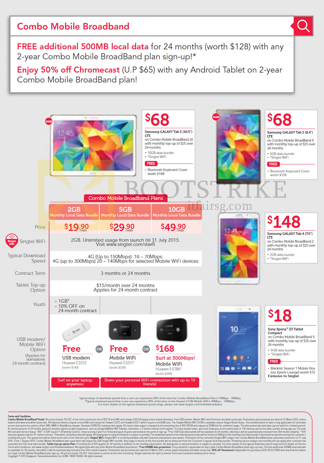 IT SHOW 2015 price list image brochure of Singtel Mobile Broadband, Free Additional 500MB Local Data, Chromecast, Samsung GALAXY Tab S 10.5, 8.4, Tab 4 7.0, Sony Xperia Z3