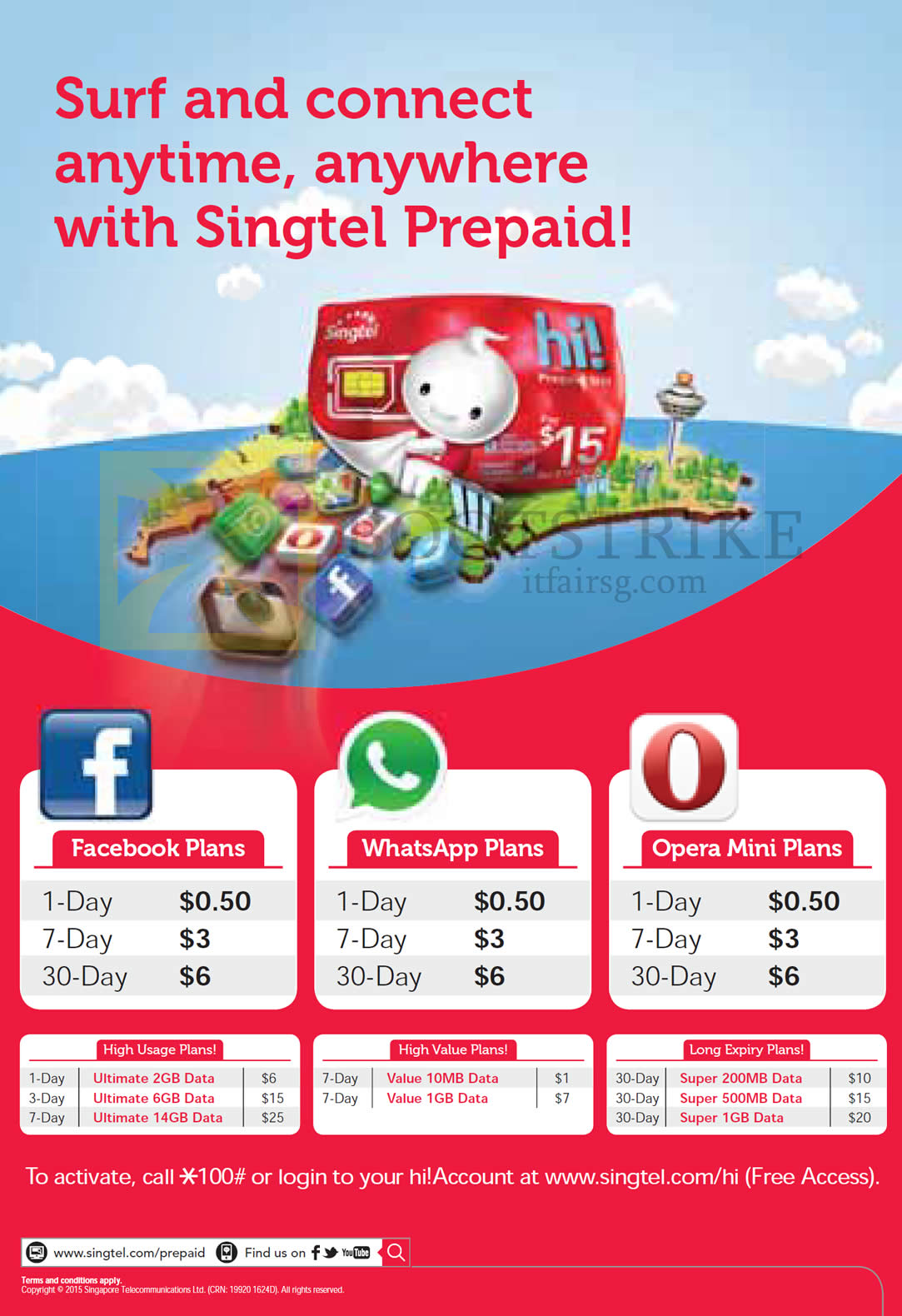 IT SHOW 2015 price list image brochure of Singtel Prepaid, Facebook Plans, WhatsApp Plans, Opera Mini Plans