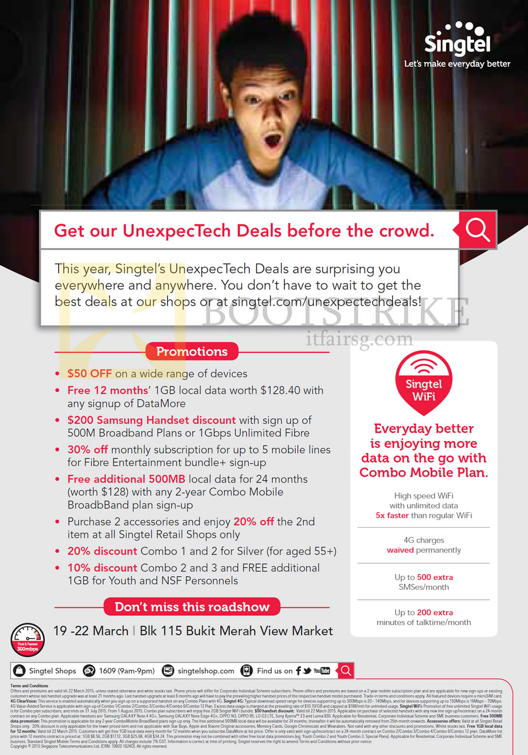 IT SHOW 2015 price list image brochure of Singtel UnexpecTech Deals Highlights, Free 12 Months 1GB Local Data, Samsung Handset Discount, Bukit Merah View Market Roadshow