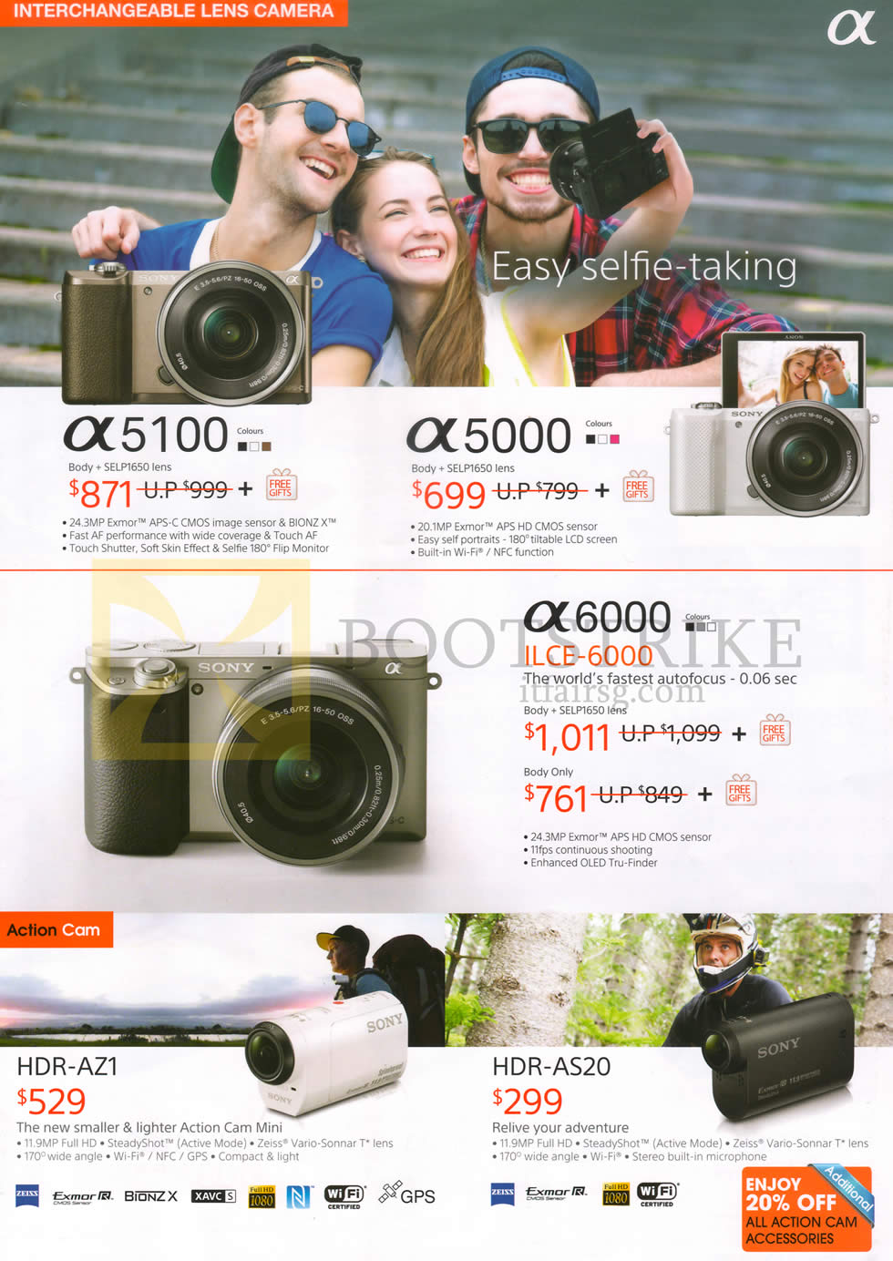 IT SHOW 2015 price list image brochure of Sony Digital Cameras Alpha A5100, A5000, A6000, HDR-AZ1 Camcorder Action Cam, AS20