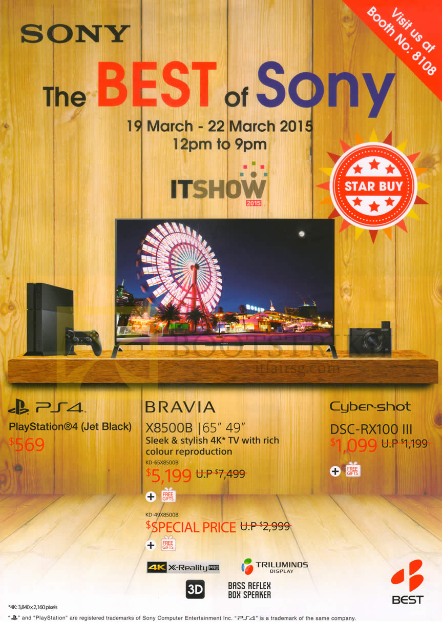 IT SHOW 2015 price list image brochure of Sony X8500B TV, Playstation 4 PS4, DSC-RX100 III Digital Camera