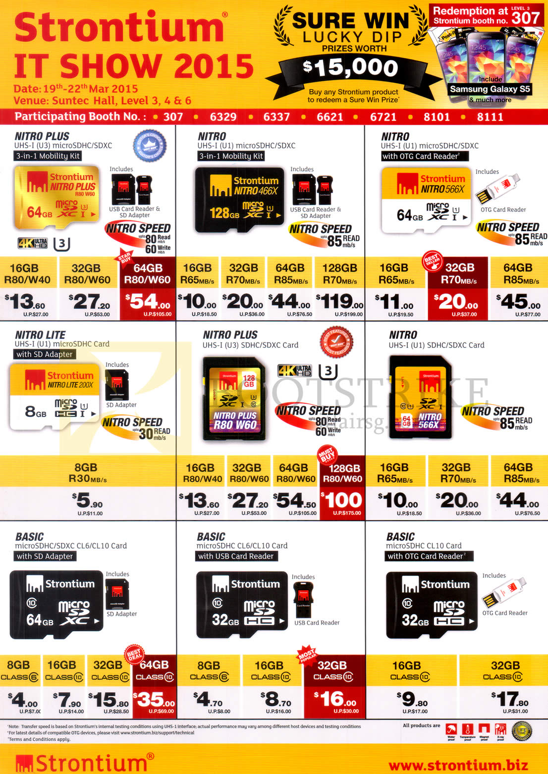 IT SHOW 2015 price list image brochure of Strontium Flash Memory Cards, Nitro Lite Plus, MicroSD, SDXC, Basic, Mobility Kid, Card Reader