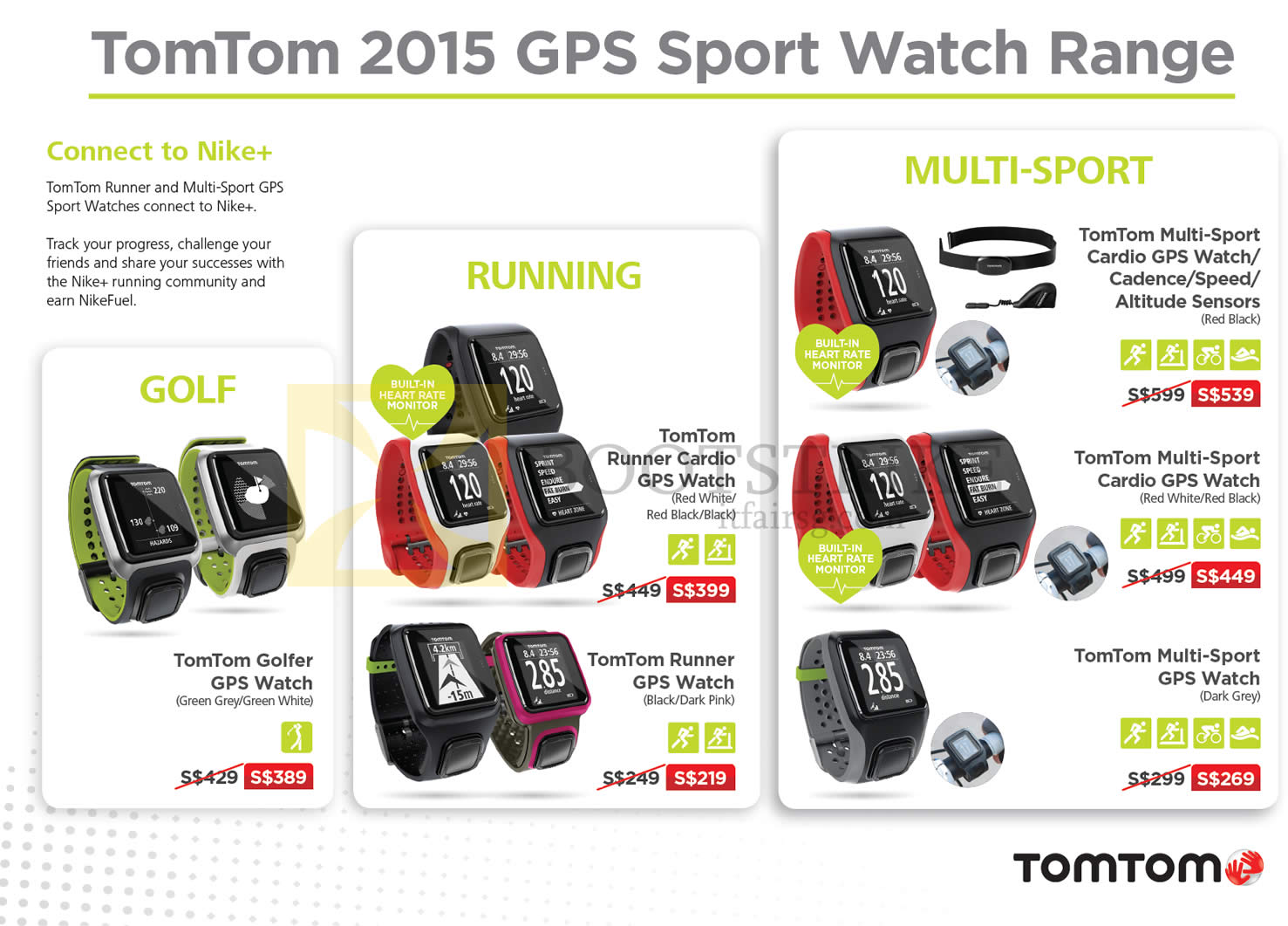 IT SHOW 2015 price list image brochure of TomTom Newstead GPS Sport Watch Golf Golfer, Runner Cardio, Runner, Multi-Sport, Nike Plus