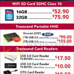 Transcend WiFi Card, Portable HHD, Card Reader 16GB, 32GB, 1TB, 2TB