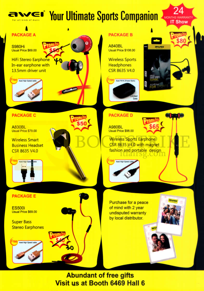 IT SHOW 2016 price list image brochure of 1818 Tech Awei Earphones, Bluetooth Headset, S980Hi, A840BL, A830BL, A980BL, ES500i