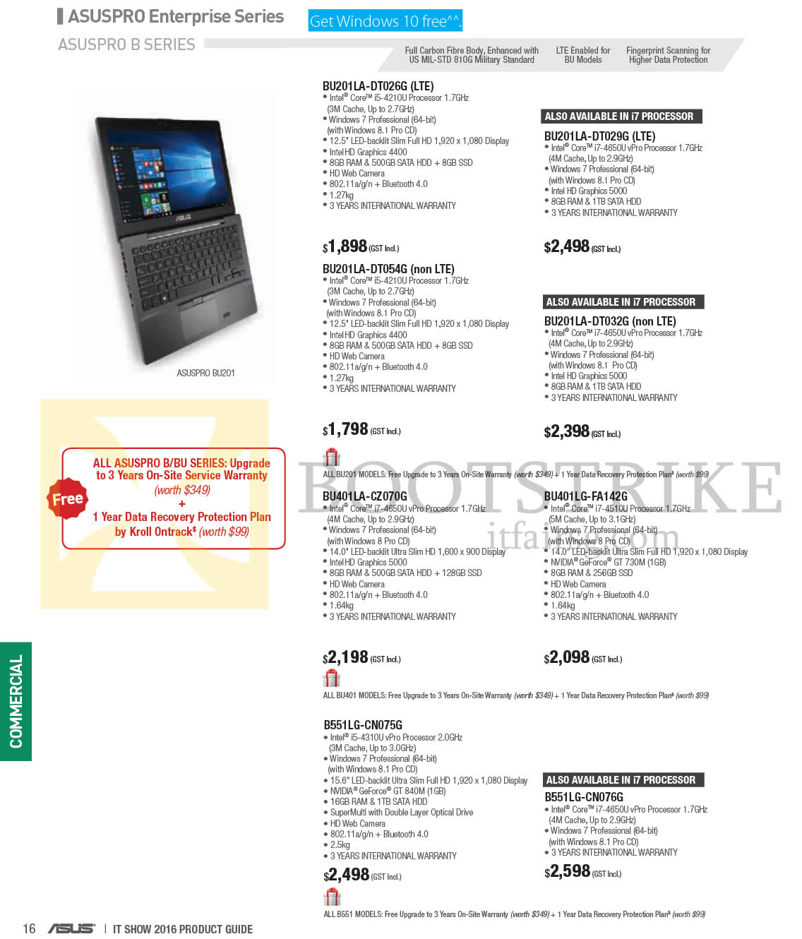 IT SHOW 2016 price list image brochure of ASUS Notebooks Asuspro BU201LA-DT026G, DT029G, DT054G, DT032G, BU401LA-CZ070G, BU401LG-FA142G, B551LG-CN075G, CN076G