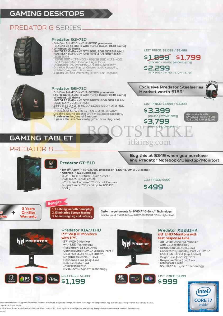 IT SHOW 2016 price list image brochure of Acer Predator Desktop PCs, Tablets, Monitors, Predator G3-710, G6-710, GT-810, XB271HU, 281HK