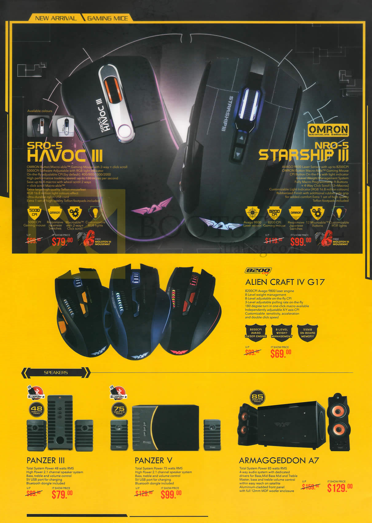 IT SHOW 2016 price list image brochure of Armageddon Speakers, Mouses, SRO-5 Havoc III, NRO-5 Starship III, Alien Craft IV G17, Panzer III, V, Armageddon A7